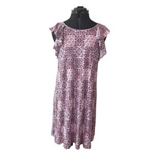 LOFT Womens Purple Pink Tile Print Ruffle Shoulder Shift Dress Size M NWT Boho